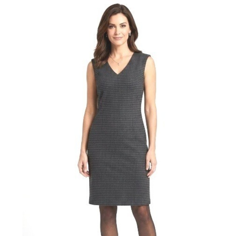 Ann Taylor Petite | Grey Houndstooth V-Neck Sheath Dress Sleeveless Workwear | S